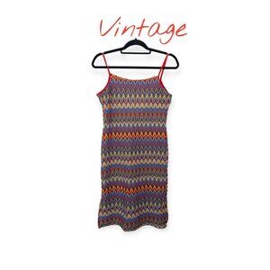 Vintage Y2K Eye Candy Zigzag Multicolor Knit Midi Dress With Red Spaghetti Strap